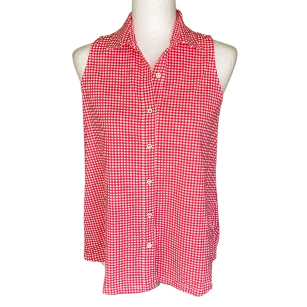 J. McLaughlin Red White Gingham Check Print Sleeveless Collared Top - S